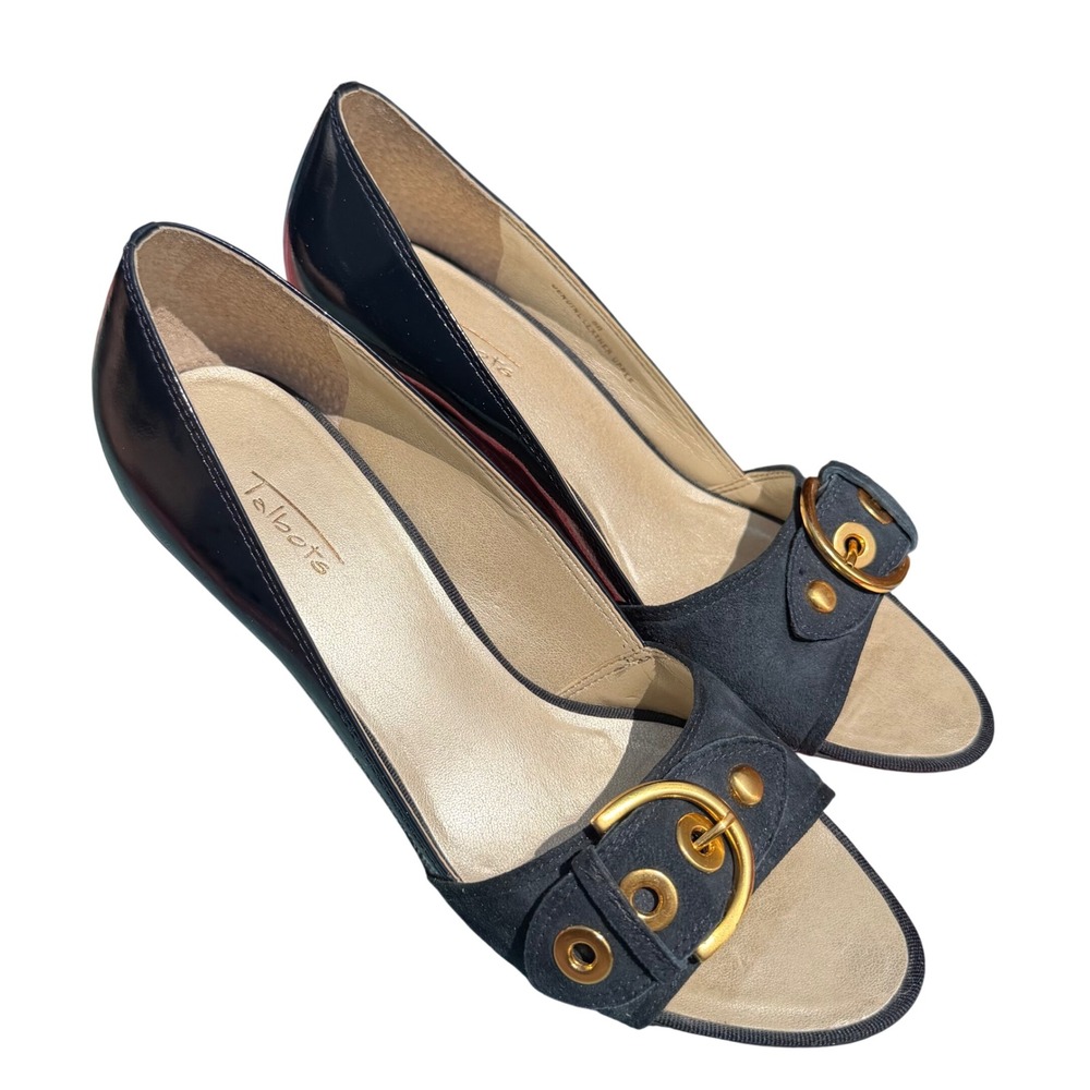 Talbots Vintage 90's Women's Ella Navy Leather Chunky Gold Buckle Peep Toe Pumps